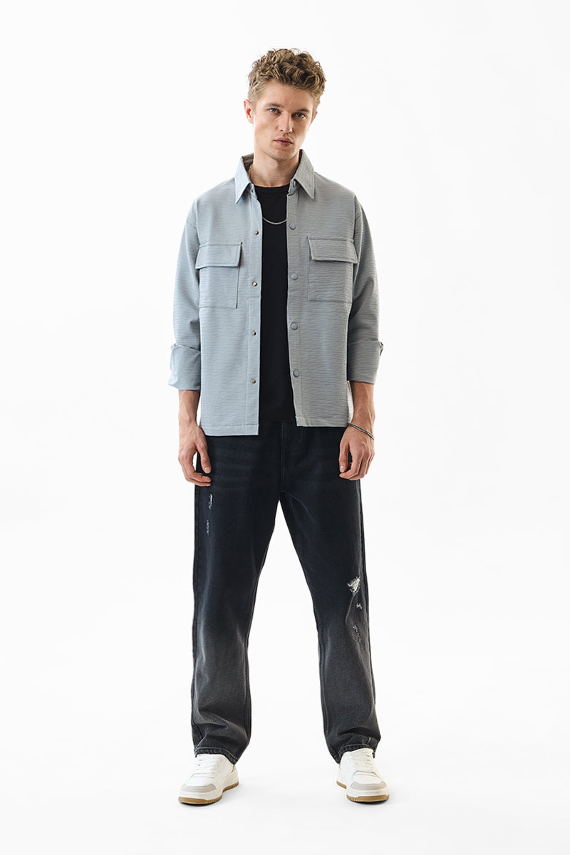 Grey Herringbone Check Cotton Relaxed Fit Overshirt