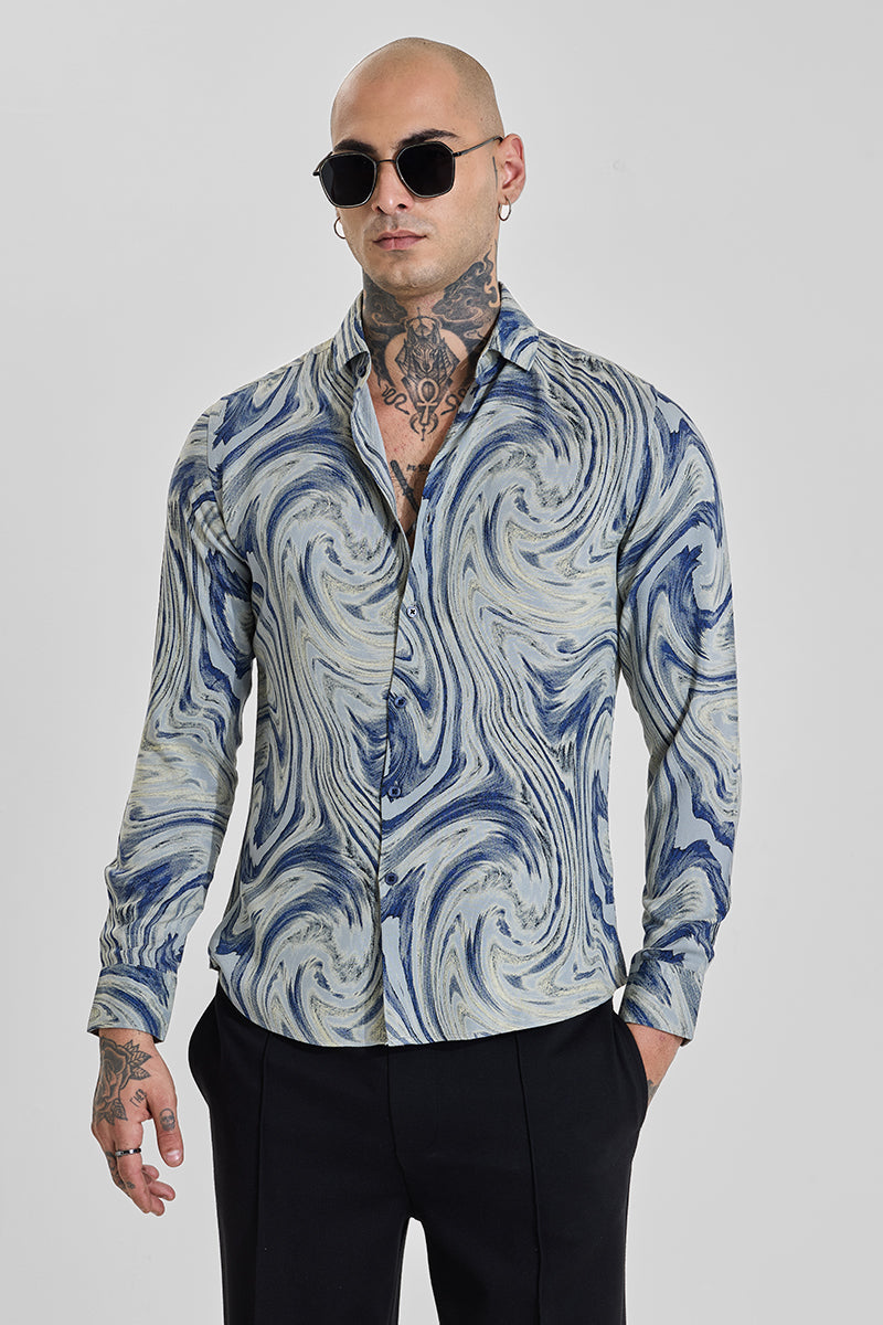 Men's Blue Slim Fit Abstract Printed Twill Cotton Casual Shirt main image 1