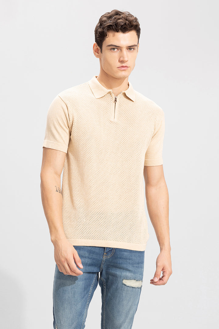 Mesh Knit Beige Polo T-Shirt