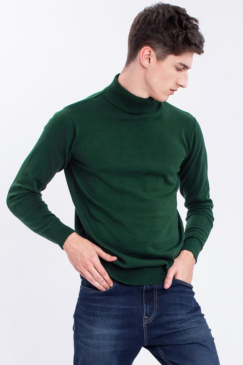 Green Solid Rib-Knit Turtle Neck Sweater