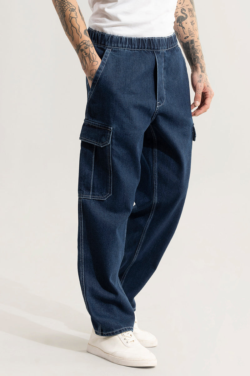 Pull On Denim Blue Baggy Fit Jeans