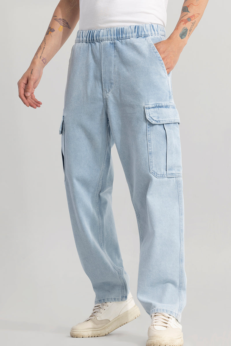 Pull On Ice Blue Baggy Fit Jeans