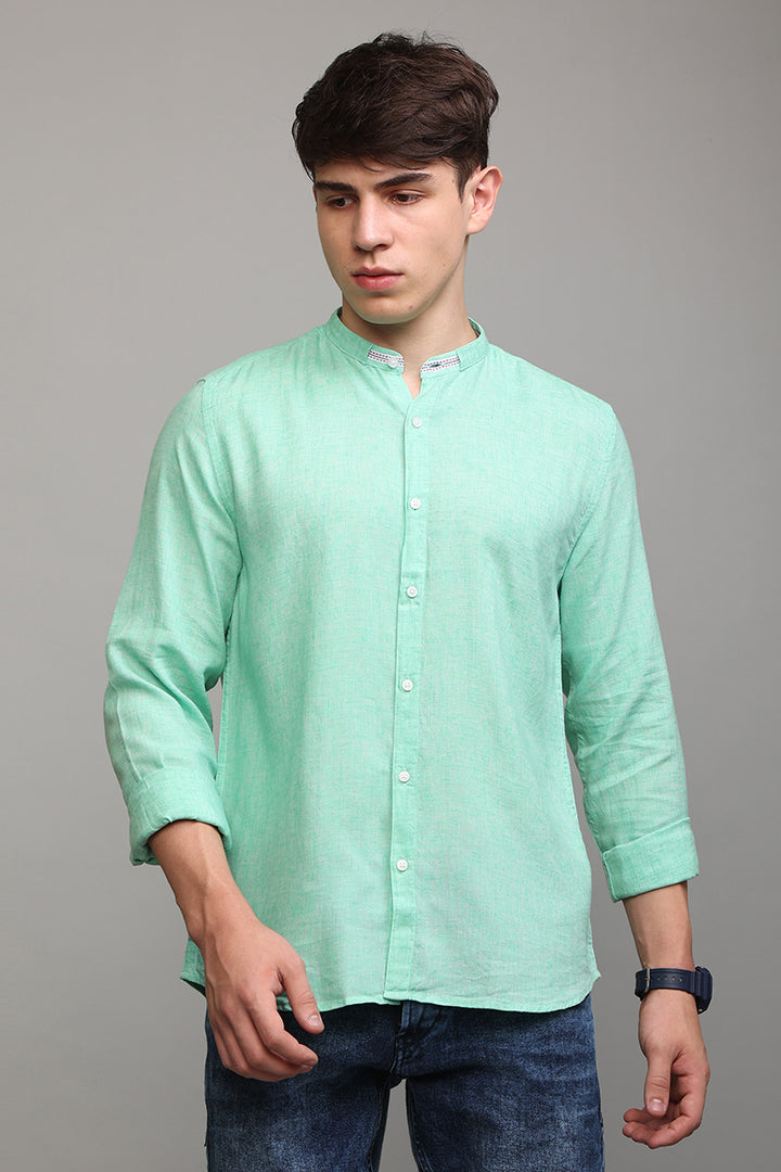 Tapped Collar Green Linen Shirt