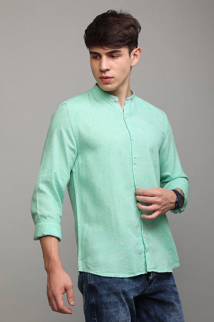 Tapped Collar Green Linen Shirt