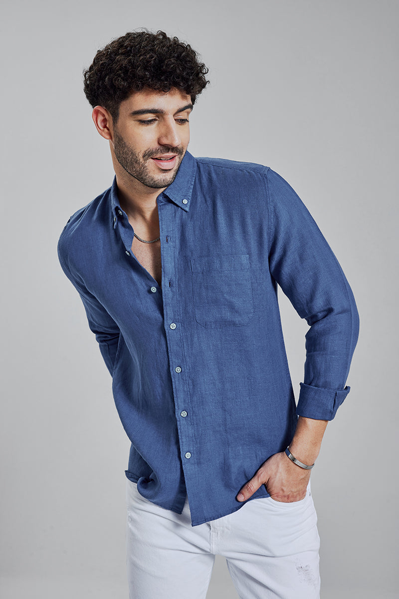 Buy Men's Mould Linen Indigo Blue Shirt Online | SNITCH