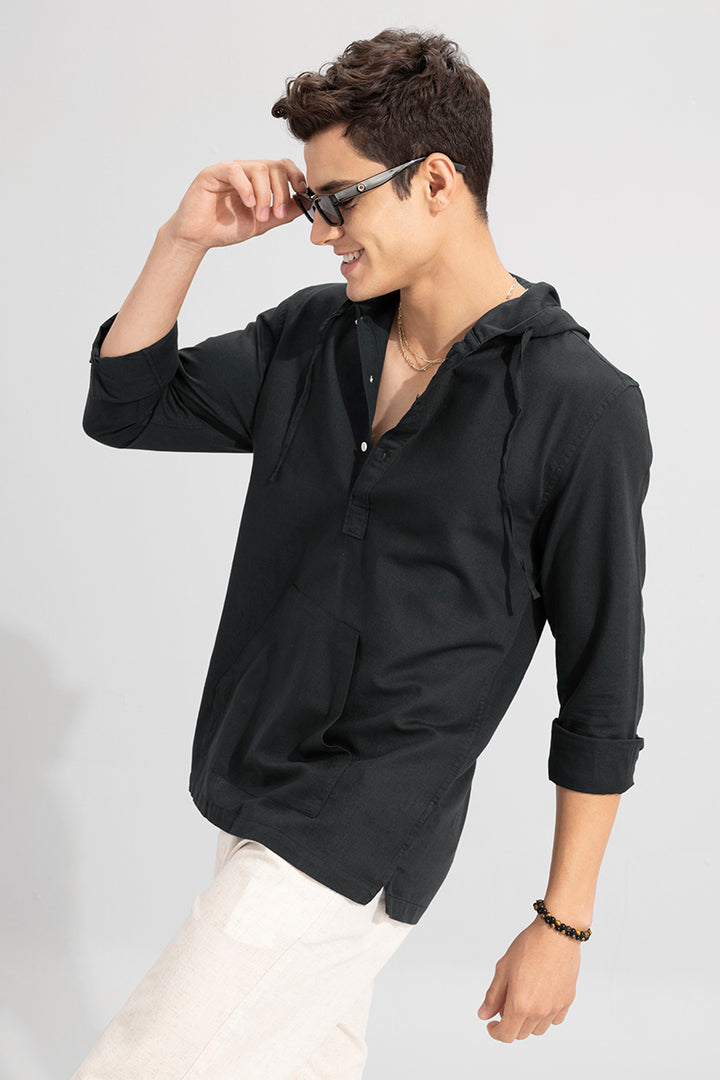 Brezee Linen Black Hoodie Shirt