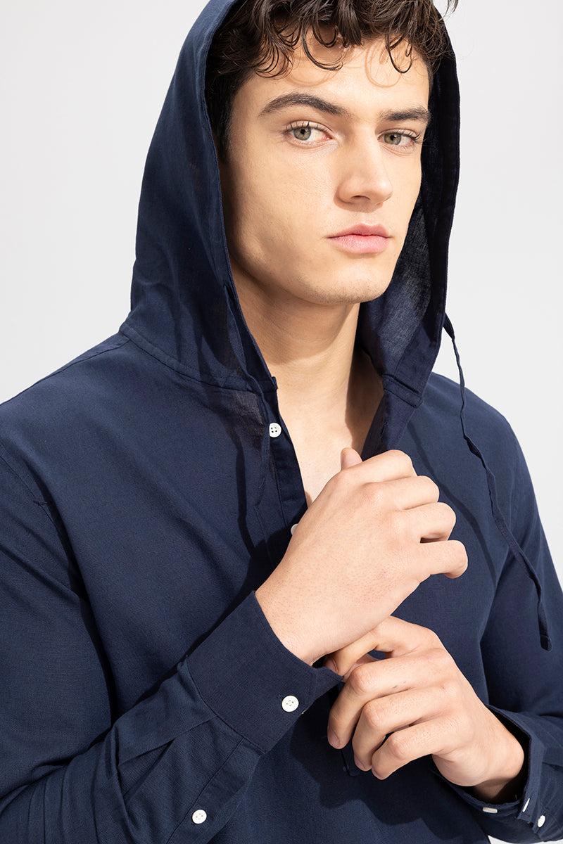Buy Men s Brezee Linen Navy Hoodie Shirt Online SNITCH