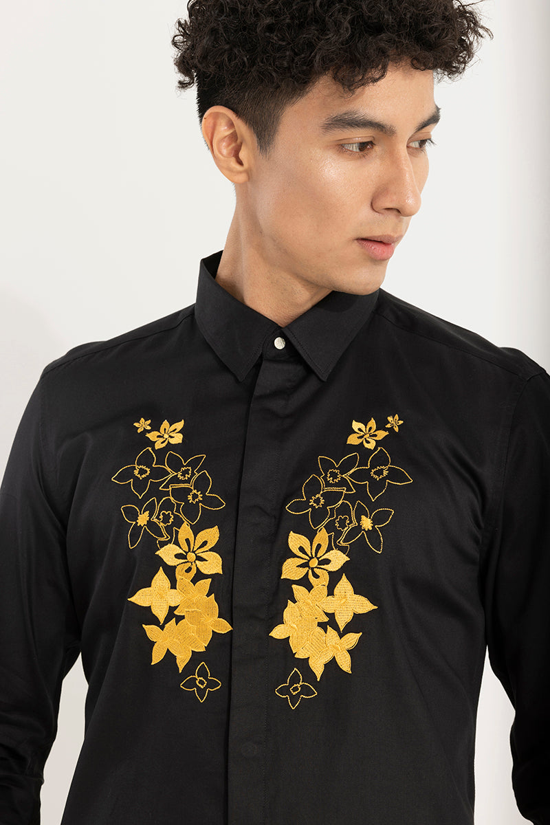 Golden Flower Black Embroidery Shirt