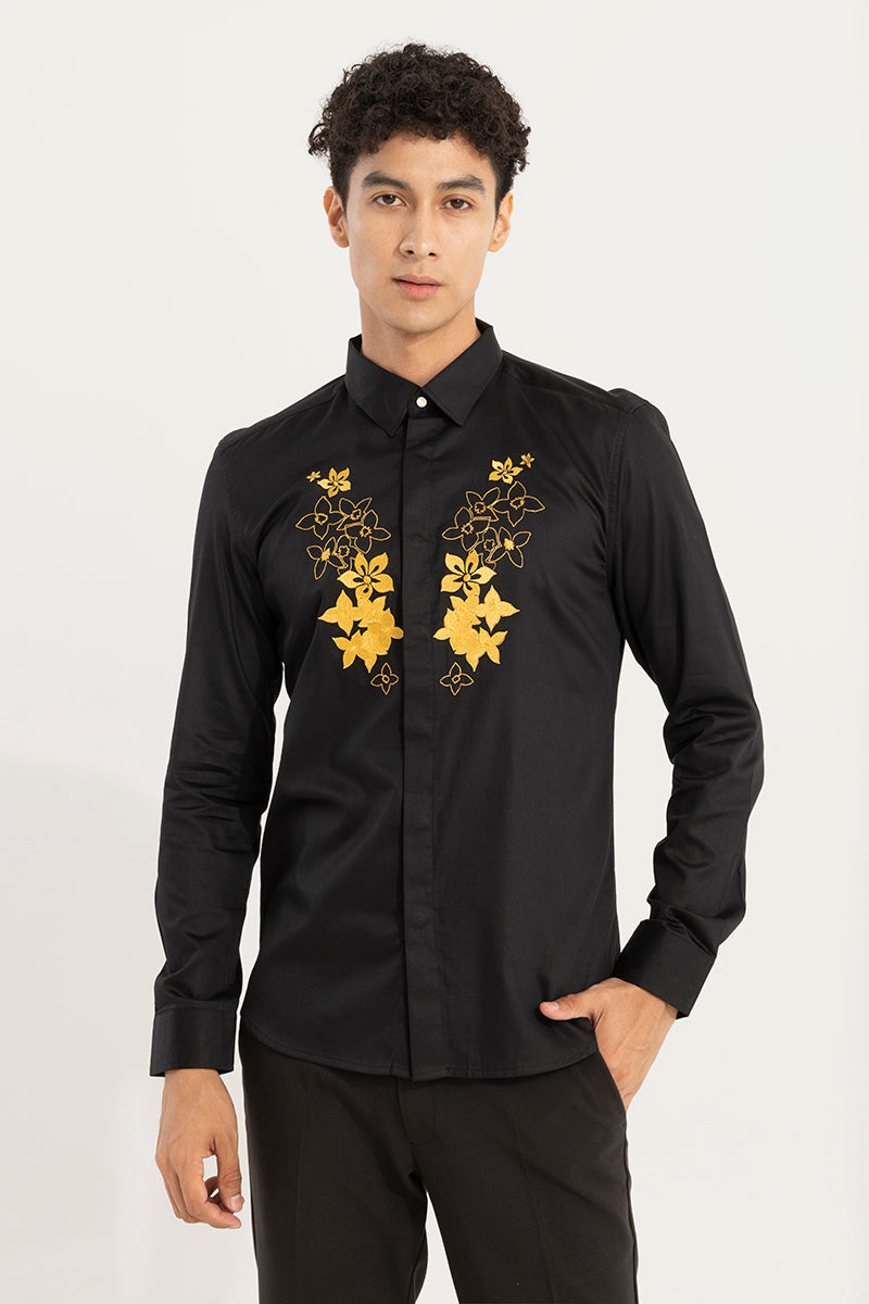 Golden Flower Black Embroidery Shirt