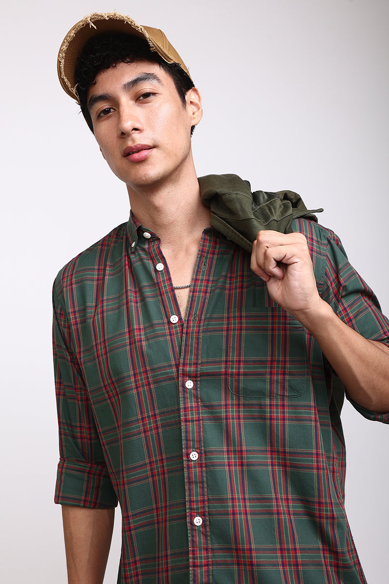 Buy Men's Basic Checks Dark Green Shirt Online | SNITCH