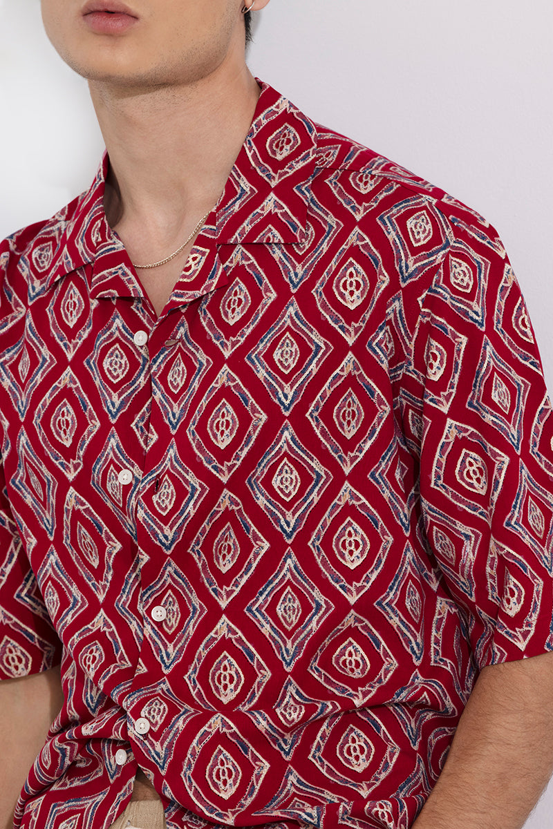 Diamond Motif Red Oversized Shirt