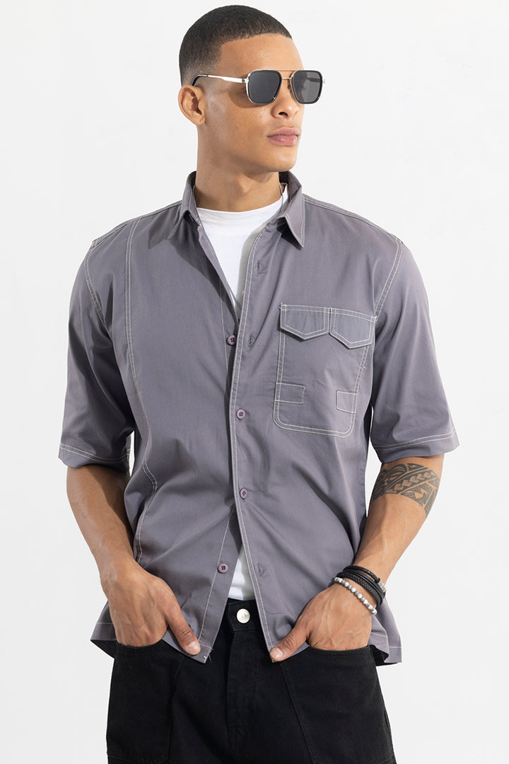 Double V Flap Grey Oversized Shirt