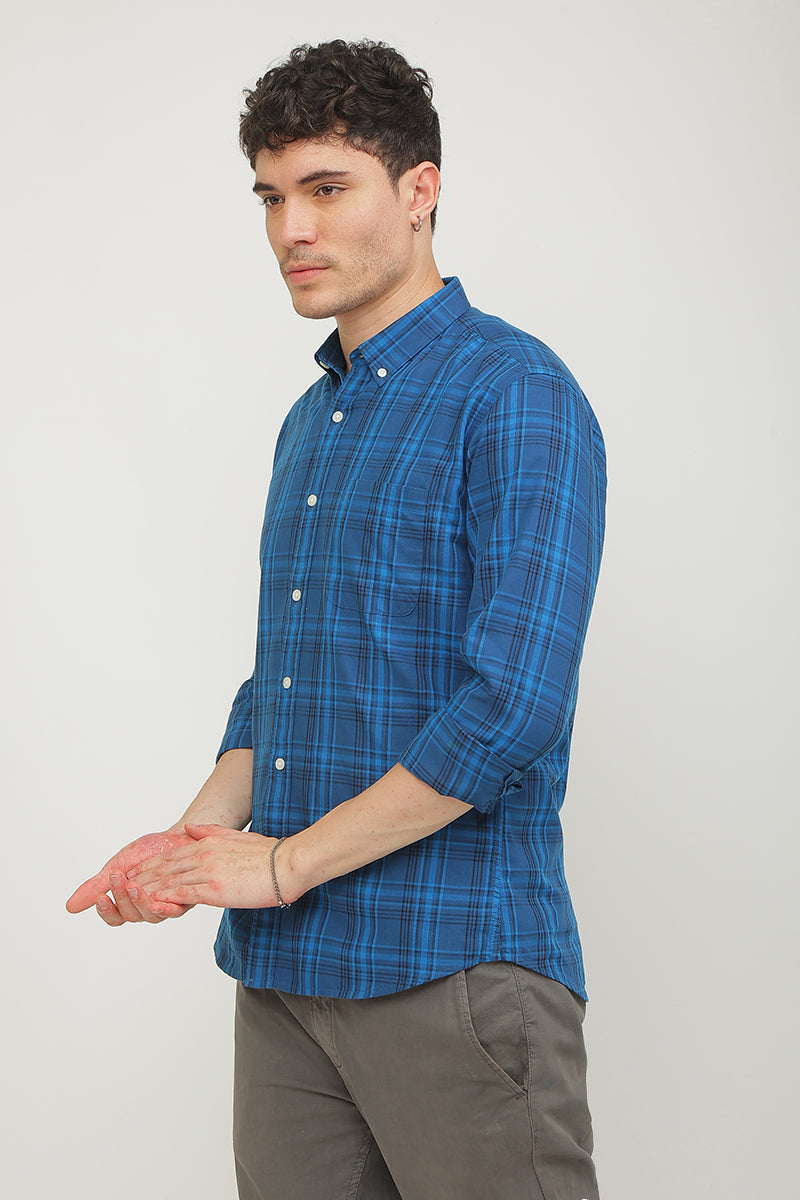 Buy Men's Static Checks Azure Blue Shirt Online | SNITCH
