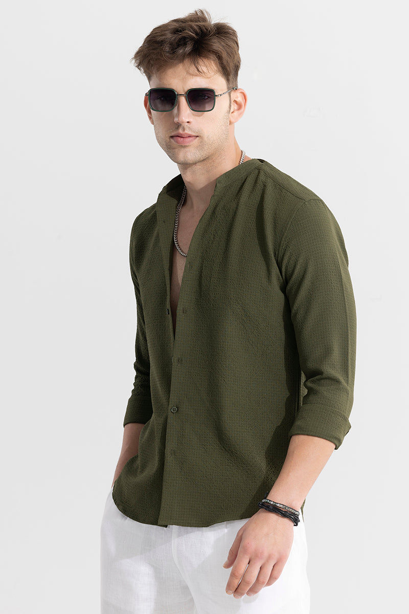 Buy Men's Mandarin Neckline Olive Shirt Online | SNITCH