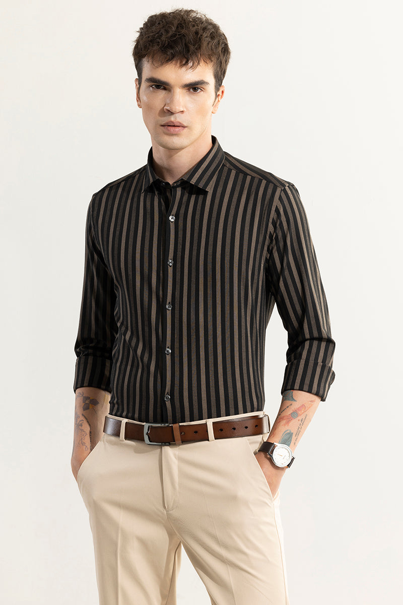 Coastal Brown Stripe Black Giza Cotton Shirt
