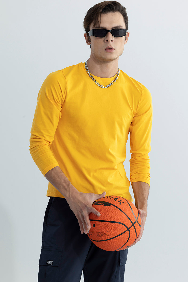 Yellow Full Sleeves 4 way Stretch Crew Neck T Shirt SNITCH