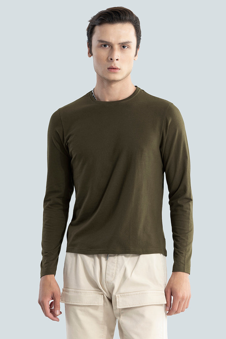 Military Green Full Sleeves 4-way Stretch Crew Neck T-Shirt