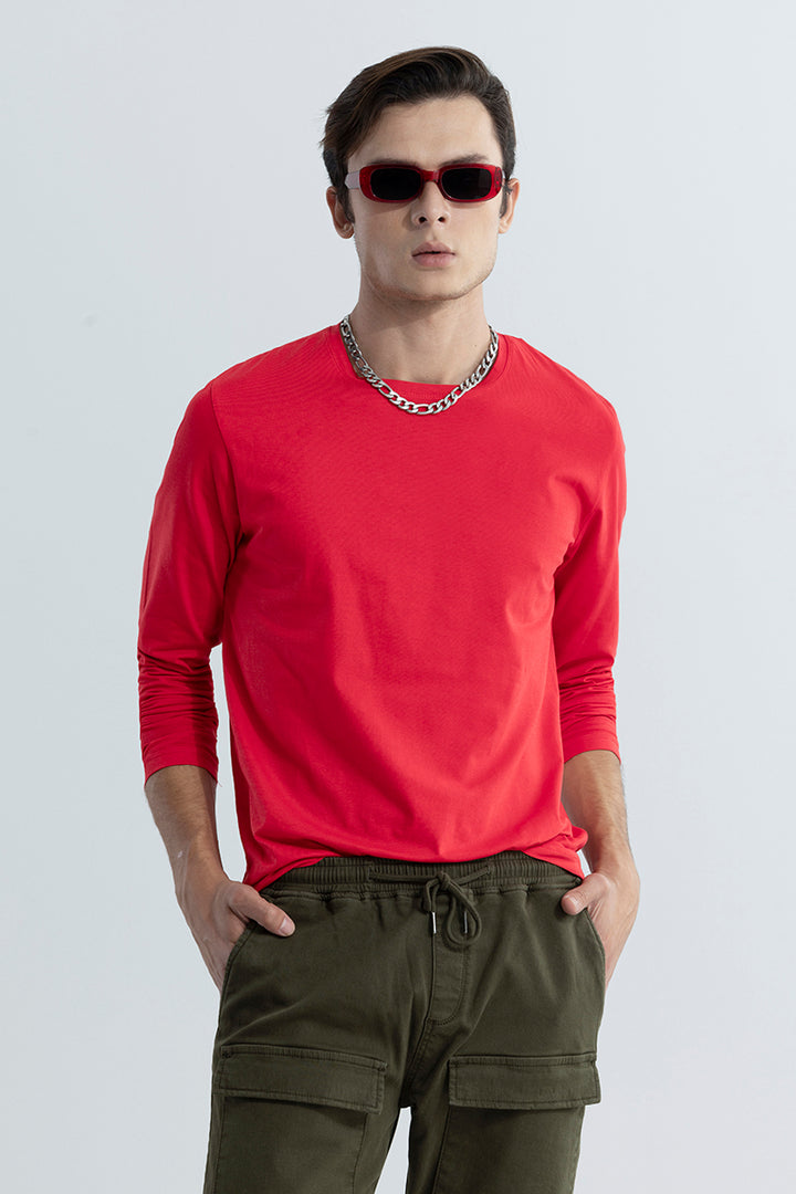 Red Full Sleeves 4-way Stretch Crew Neck T-Shirt
