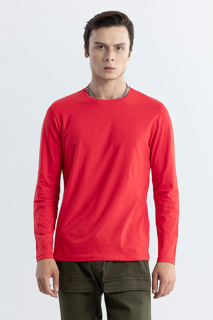 Red Full Sleeves 4-way Stretch Crew Neck T-Shirt