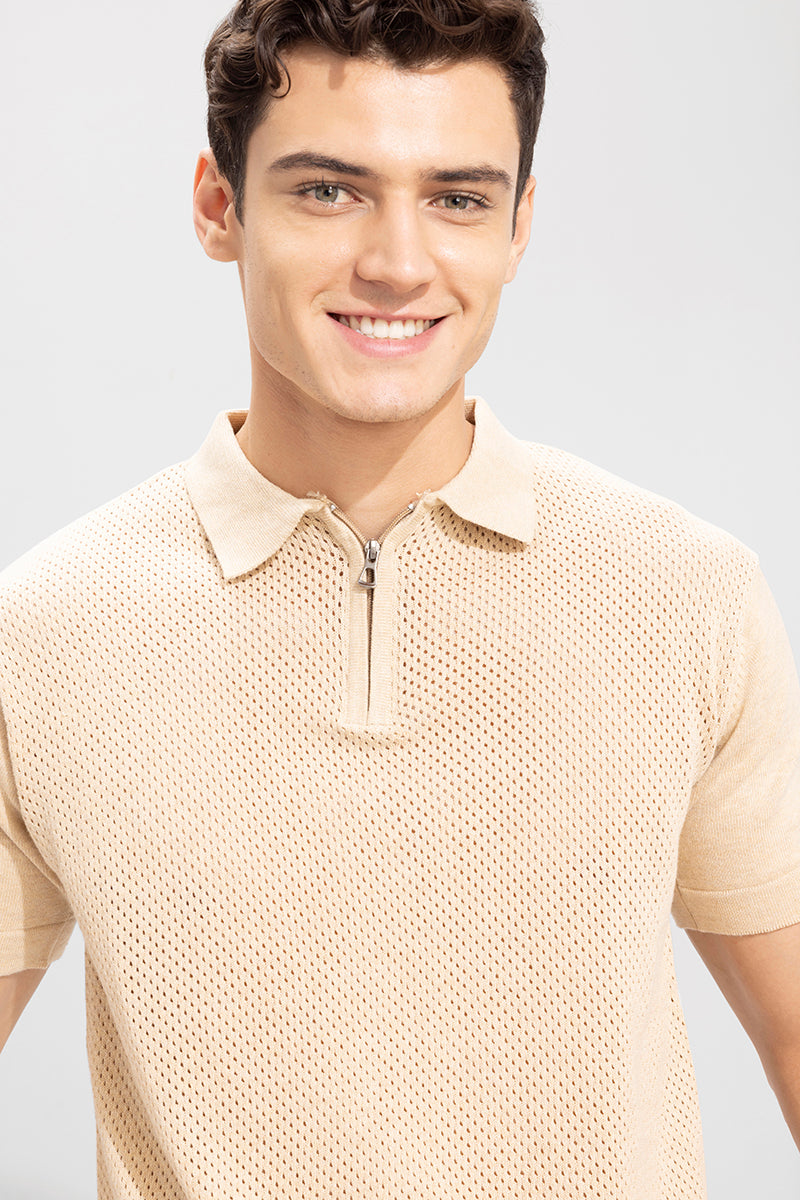 Buy Men s Mesh Knit Beige Polo T Shirt Online SNITCH