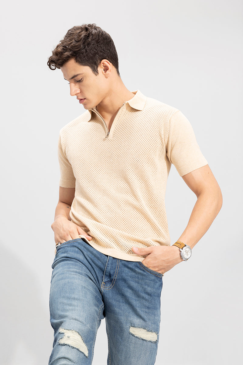 Mesh Knit Beige Polo T Shirt