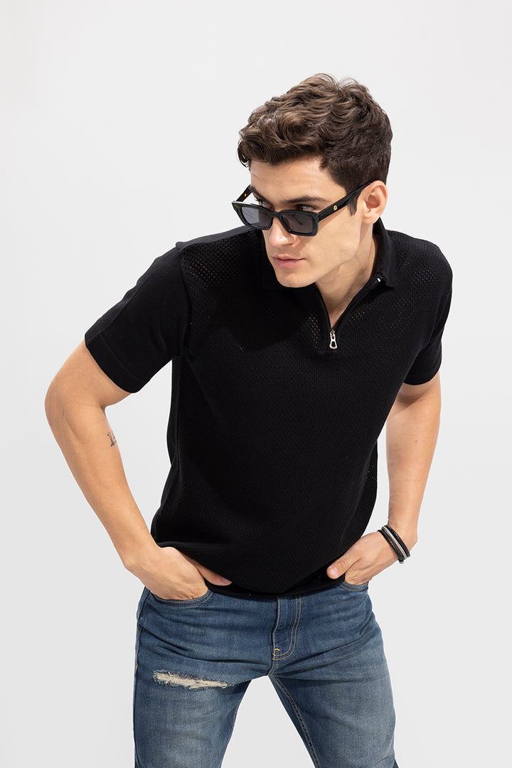 Mesh Knit Black Polo T-Shirt
