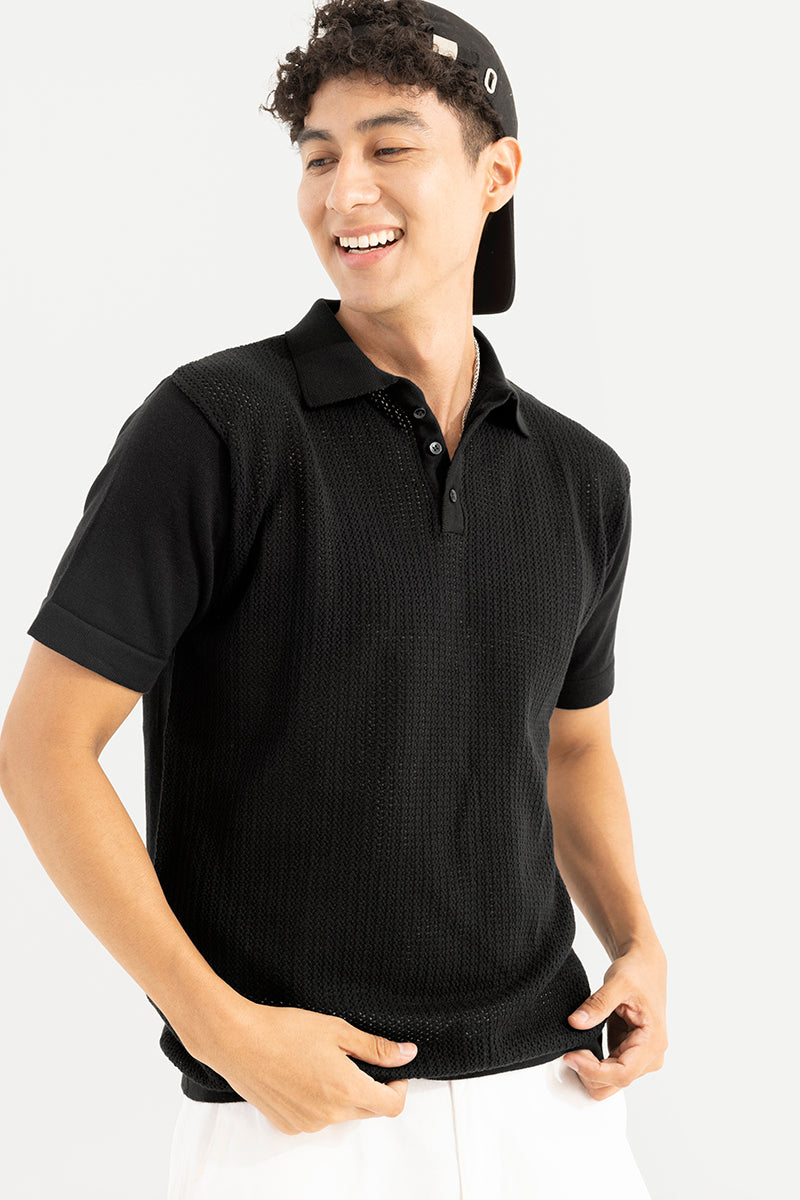 Mesh Design Black Polo T-Shirt