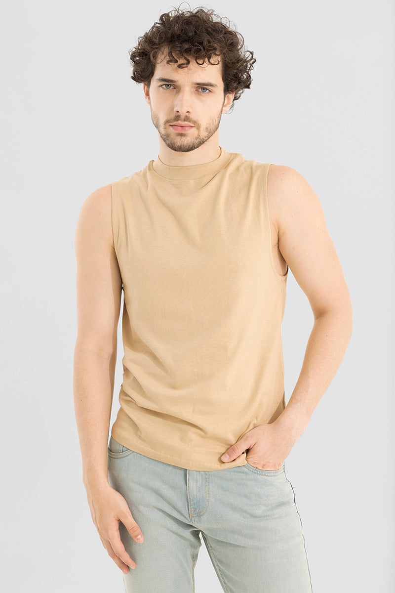 Buy Men's Solidie Beige Sleeveless T-Shirt Online