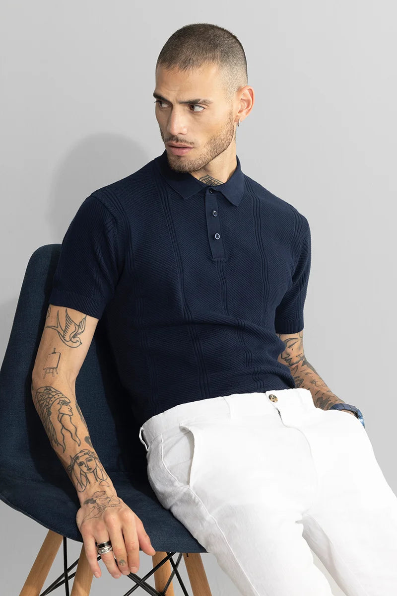 Coulter Knitted Navy Polo T-Shirt