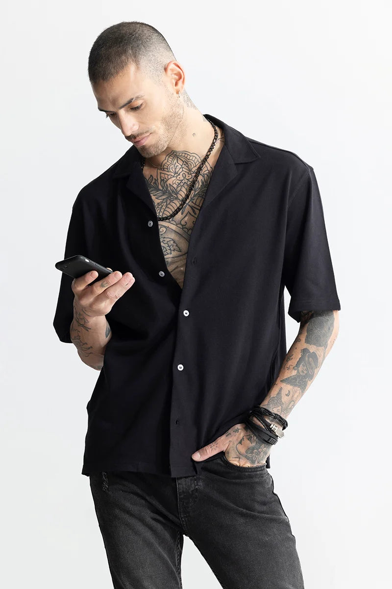 Basic Knitted Black Oversized Shirt