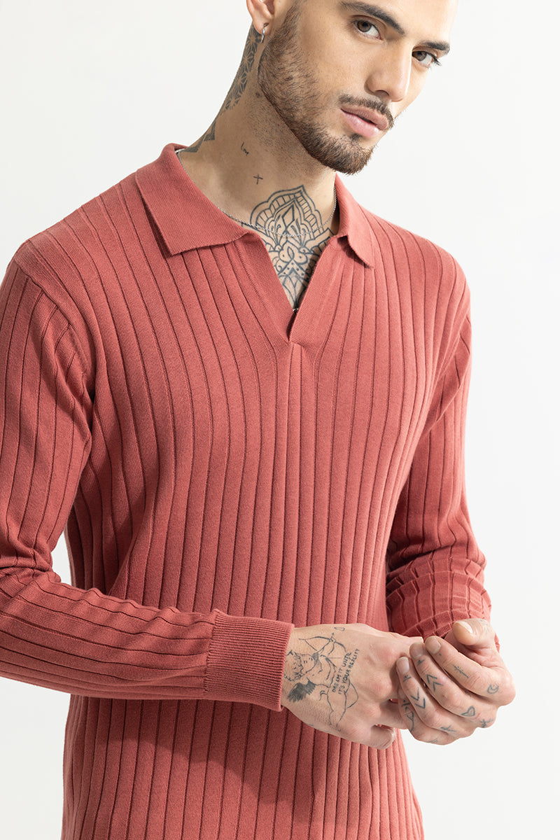 Chunky Ribbed Knitted Pink Polo T-Shirt