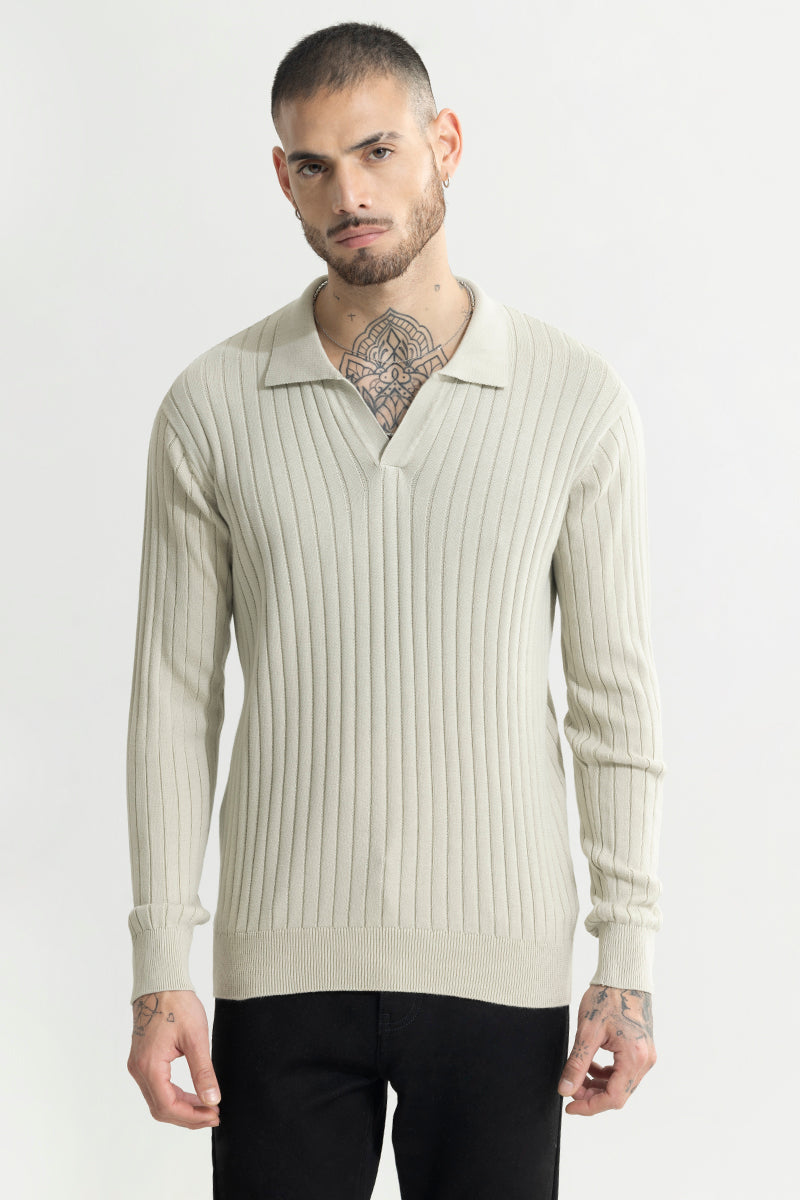 Chunky Ribbed Knitted Cream Polo T-Shirt