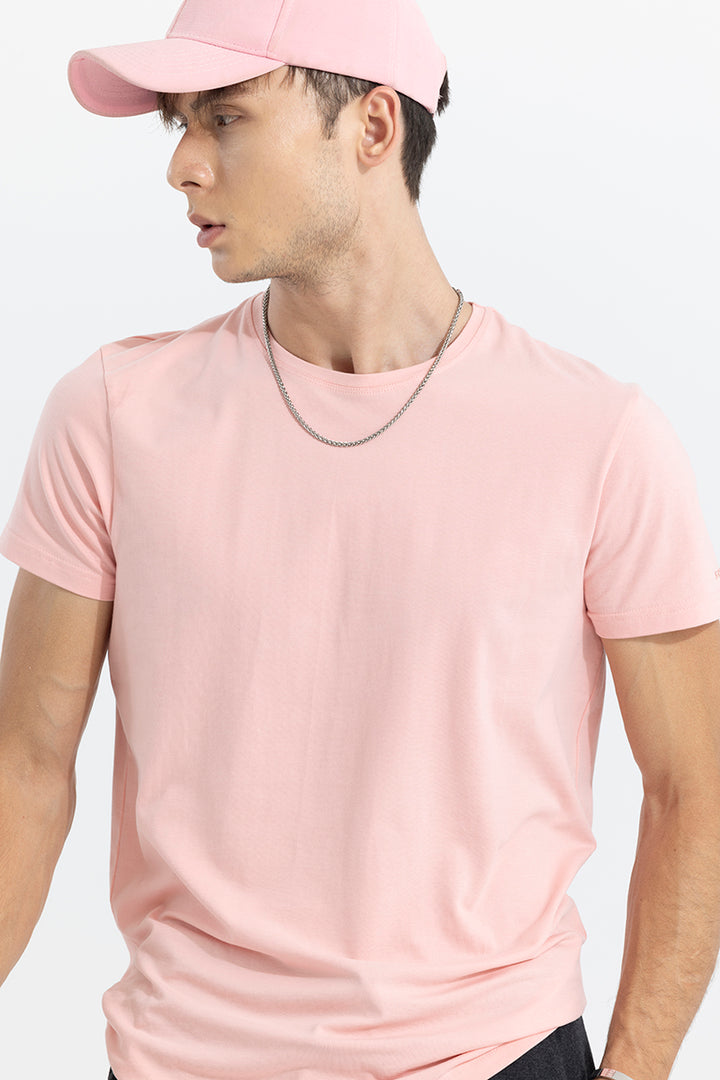 Light Pink Solid 4 Way Stretch Crew Neck T-Shirt
