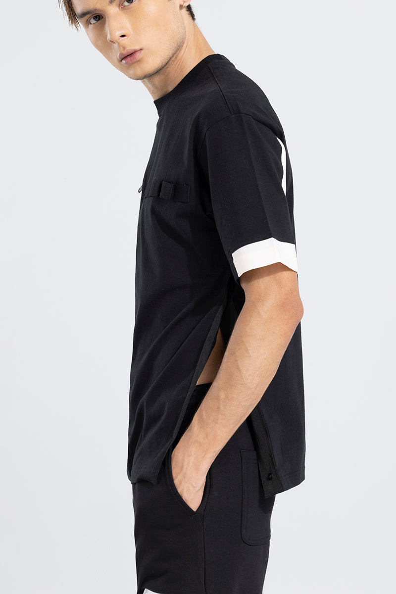 Side Slit Black Korean Styled T-Shirt