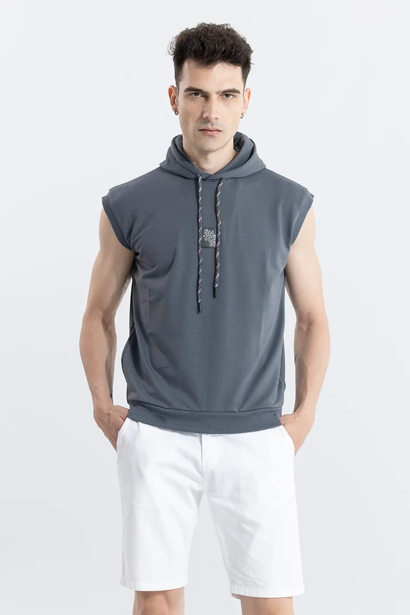 Buy Men s Logotype Grey Sleeveless Hoodie Online SNITCH