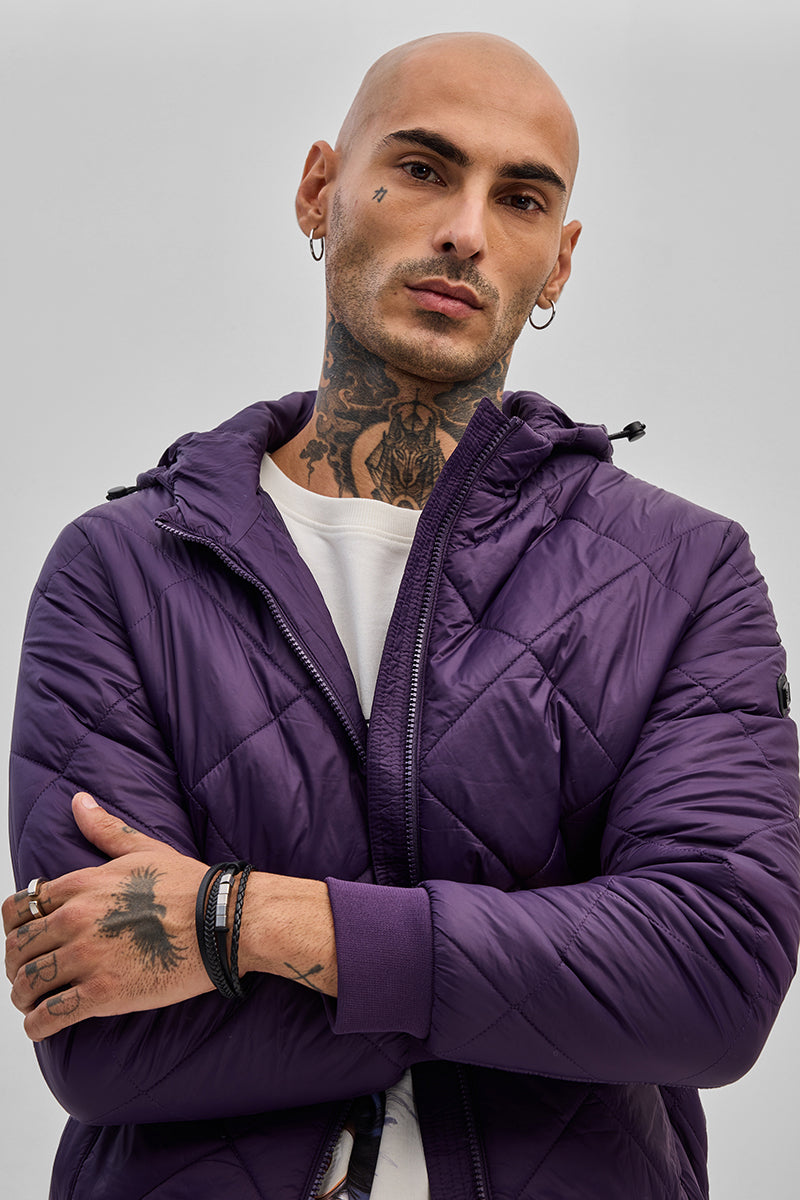 Buy Men s Purple Puffer Hooded Jacket Online Snitch SNITCH