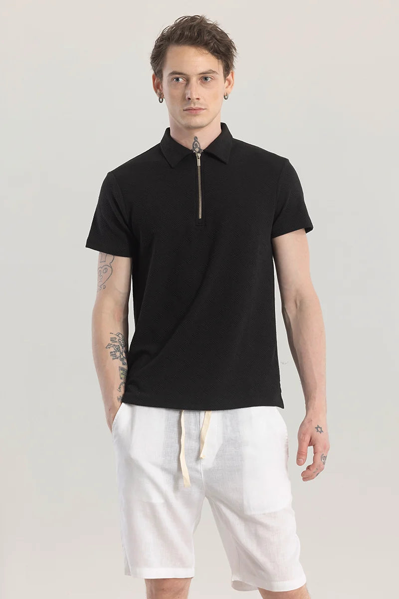 ZipPolo Black Printed Polo T-shirt