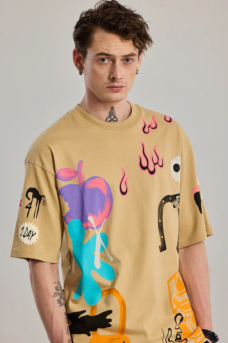 ArtSymphony Graphic Brown Oversized T-Shirt