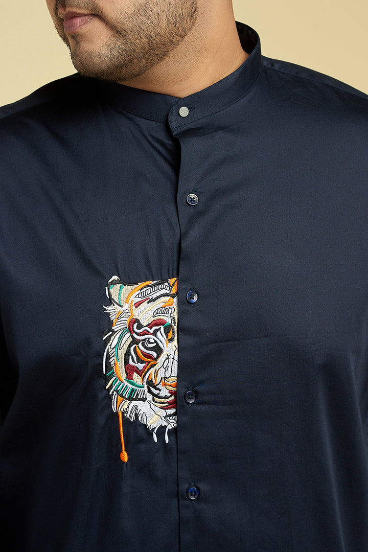 Tiger Navy Satin Mandarin Collar Shirt - SNITCH