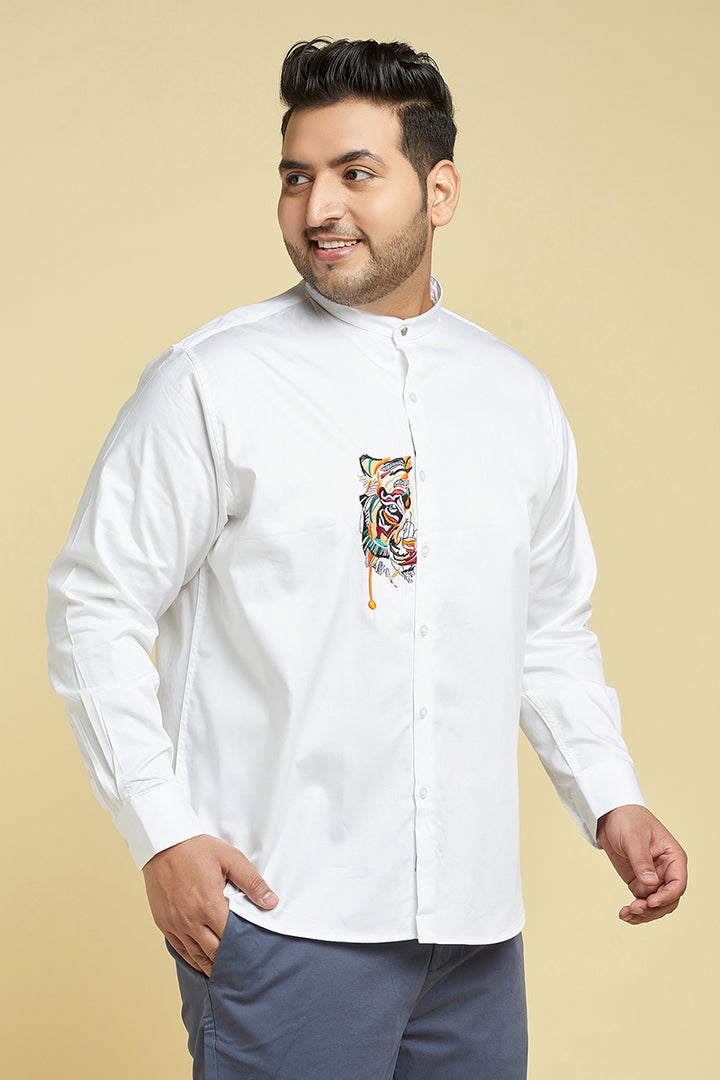 Tiger White Satin Mandarin Collar Shirt - SNITCH