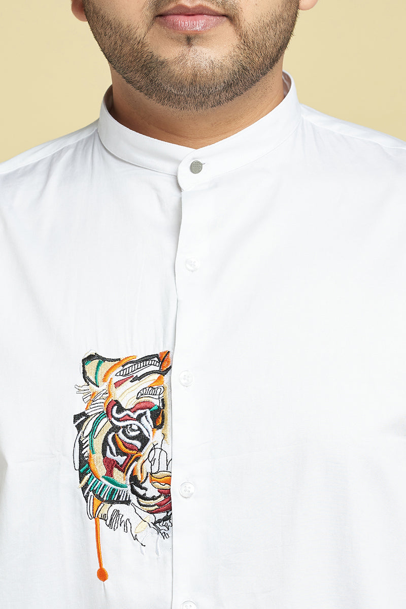 Tiger White Satin Mandarin Collar Shirt