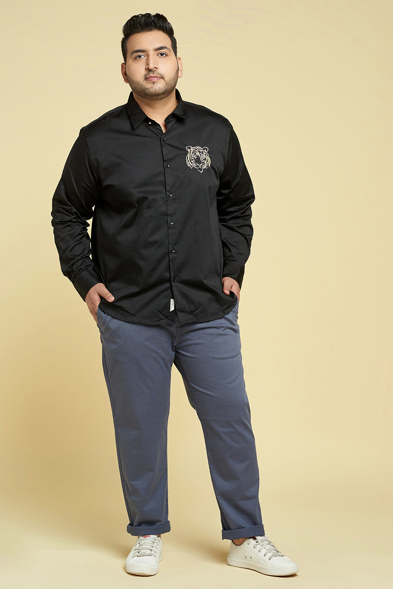 Caspian Tiger Black Satin Full Sleeves Shirt - SNITCH