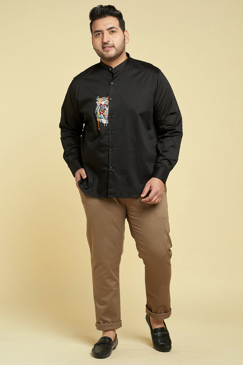 Tiger Black Satin Mandarin Collar Shirt - SNITCH