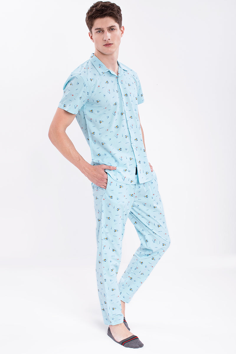 Light Blue Fun Beach Print Cotton Pyjama Set - SNITCH