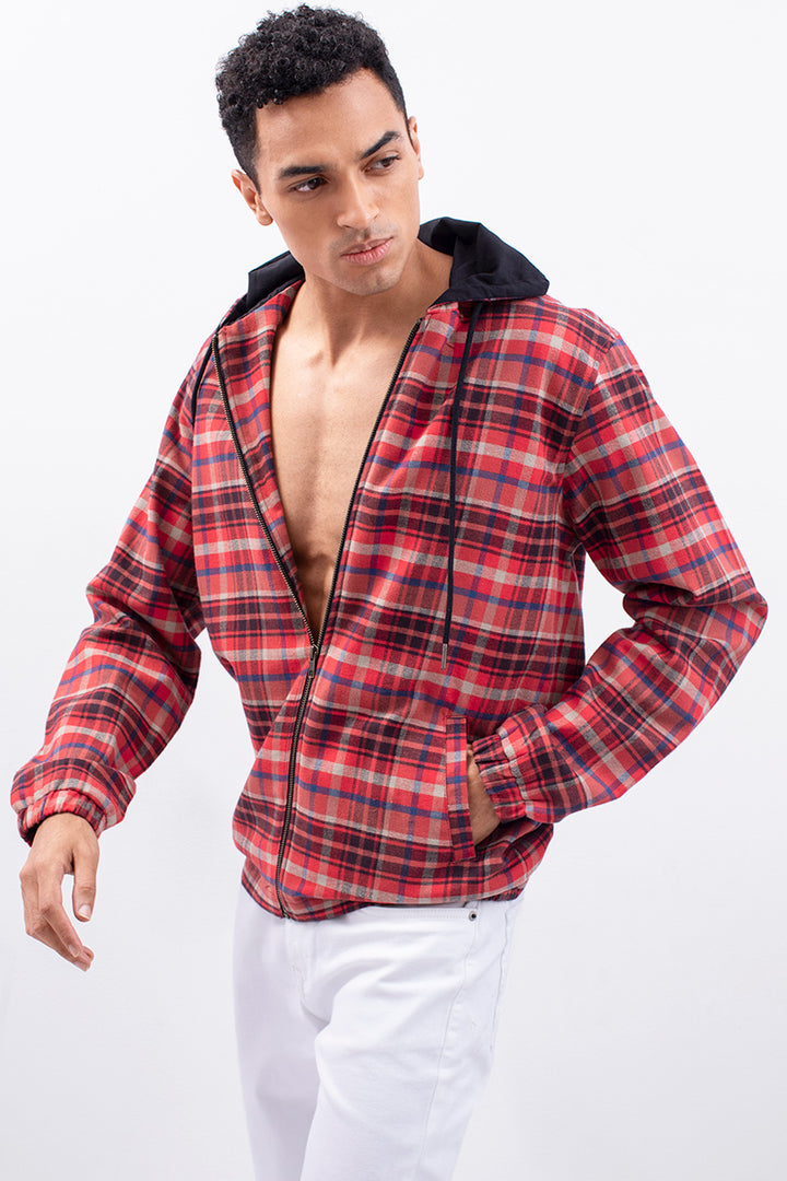 Red Multi Checks Flannel Hoodie Jacket - SNITCH