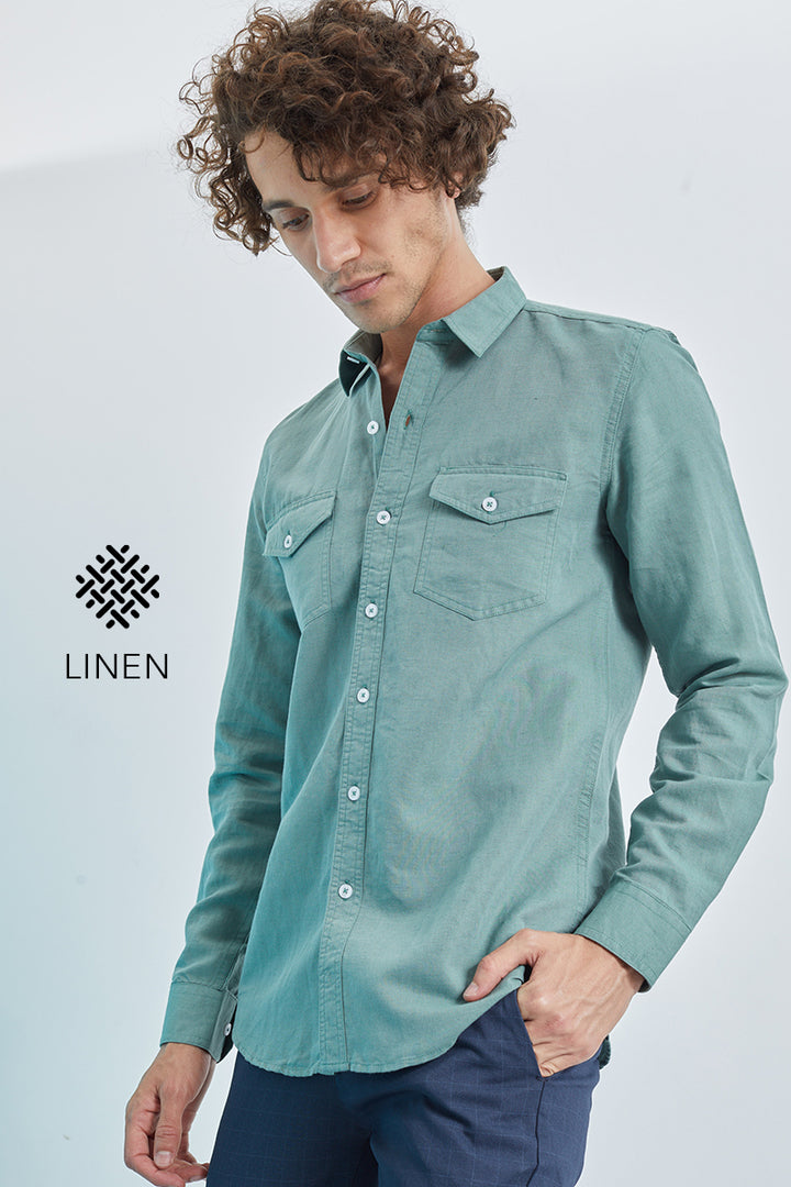Green Double Pocket Cotlin Shirt - SNITCH
