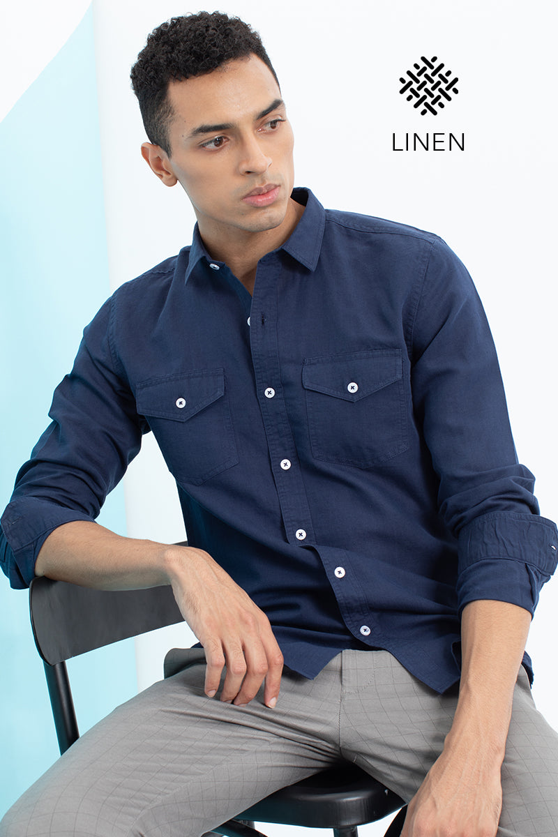 Navy Double Pocket Cotlin Shirt - SNITCH