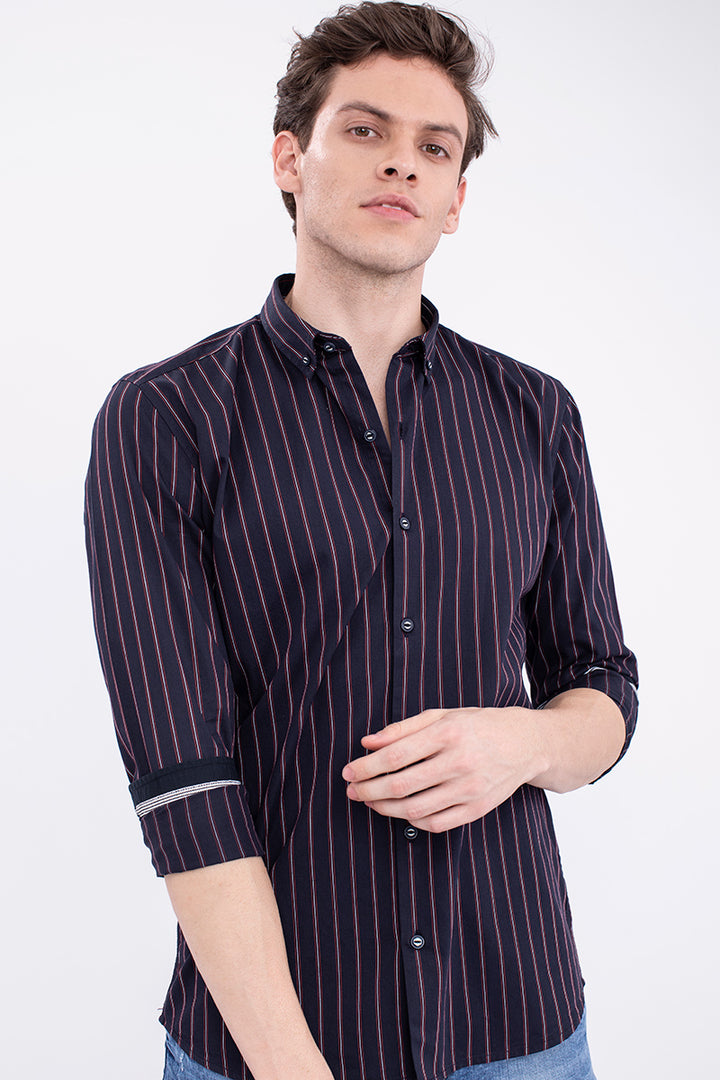 Navy Cotton Twill Stripe Shirt - SNITCH