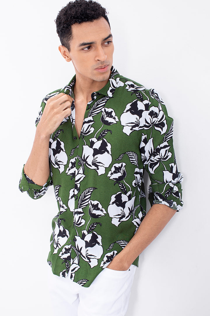 Leaf Green Viscose Floral Print Shirt - SNITCH