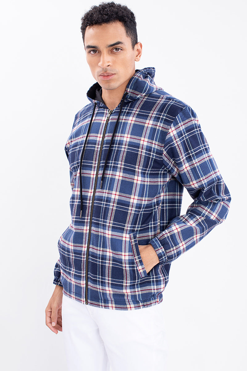 Steel Blue Multi Checks Flannel Hoodie Jacket - SNITCH